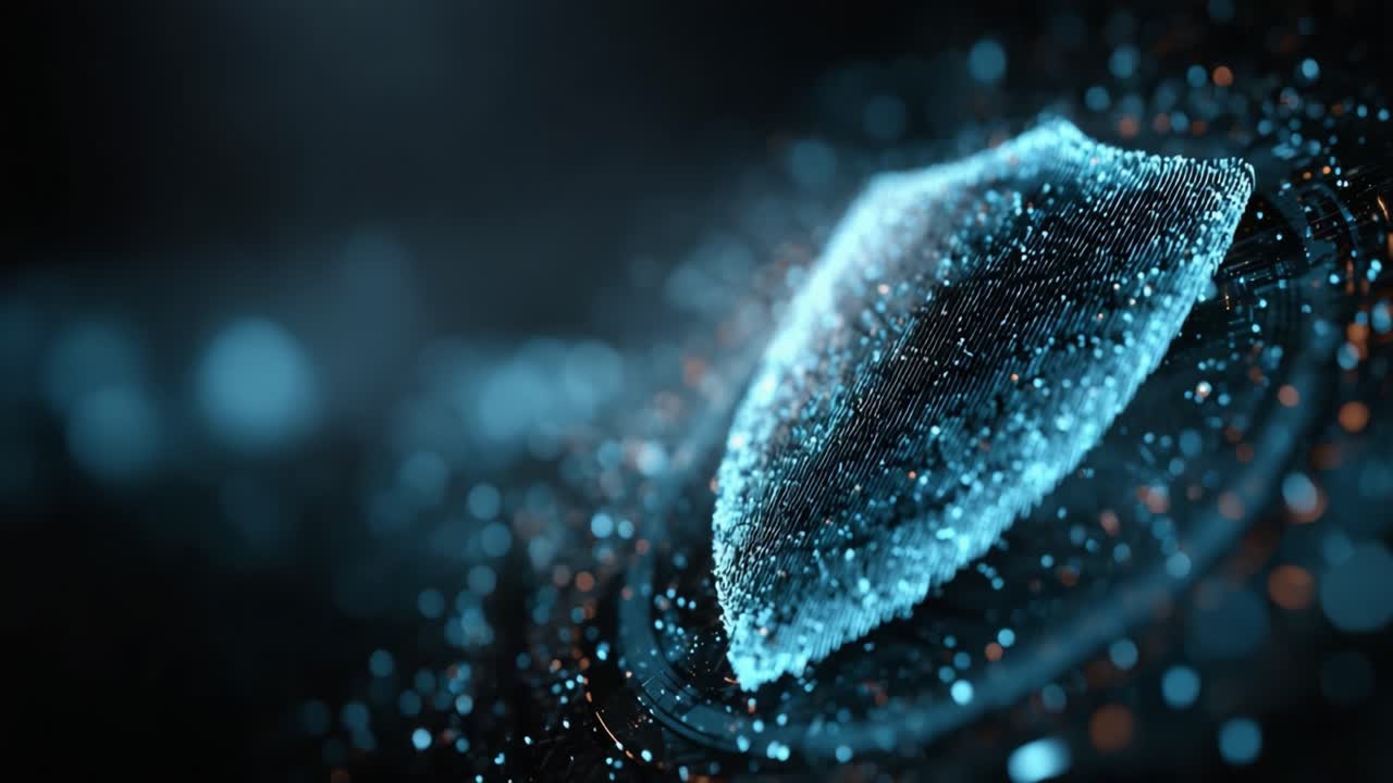 A Stunning Visual Representation of a Digital Shield Symbolizing Cybersecurity and Protection with a Network of Glowing Particles Against a Dark Background