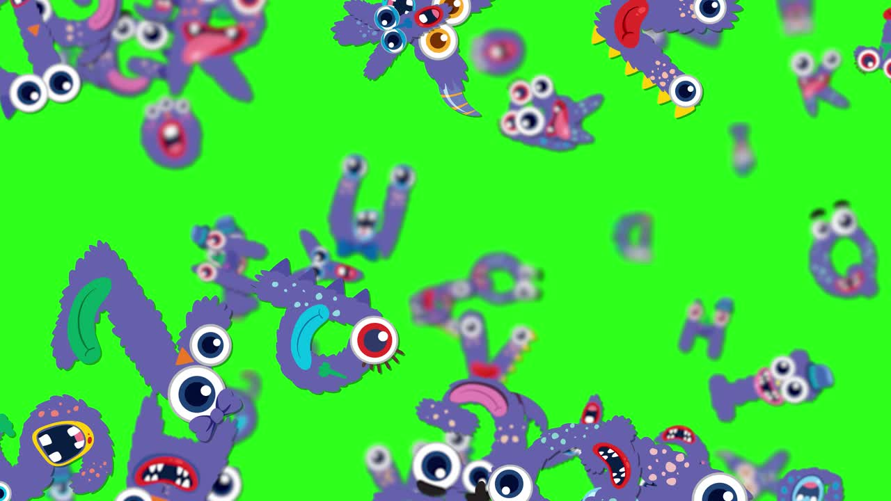 Colorful, animated monster letters float dynamically against a bright green backdrop, creating a playful and energetic visual experience