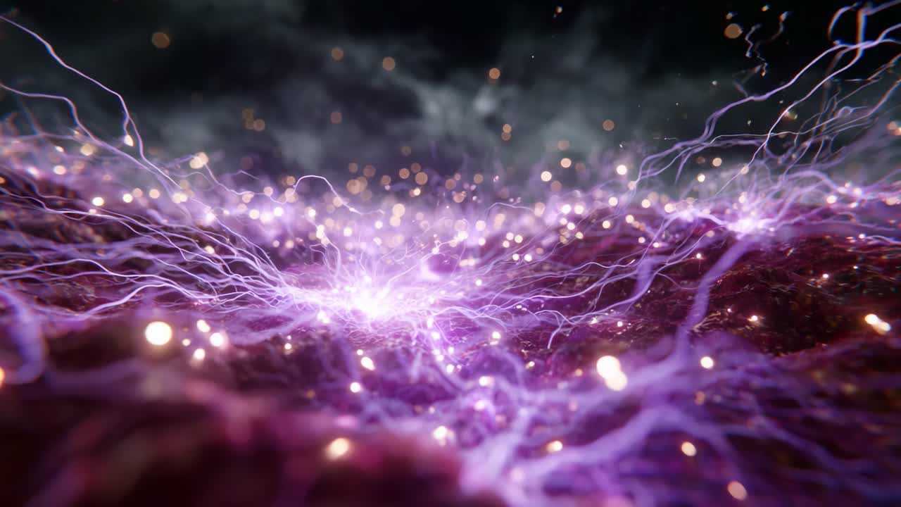Una splendida vista ravvicinata rivela una vivace rete di fibre viola luminose che si intrecciano su uno sfondo scuro, che ricorda l'energia elettrica o i percorsi neurali.