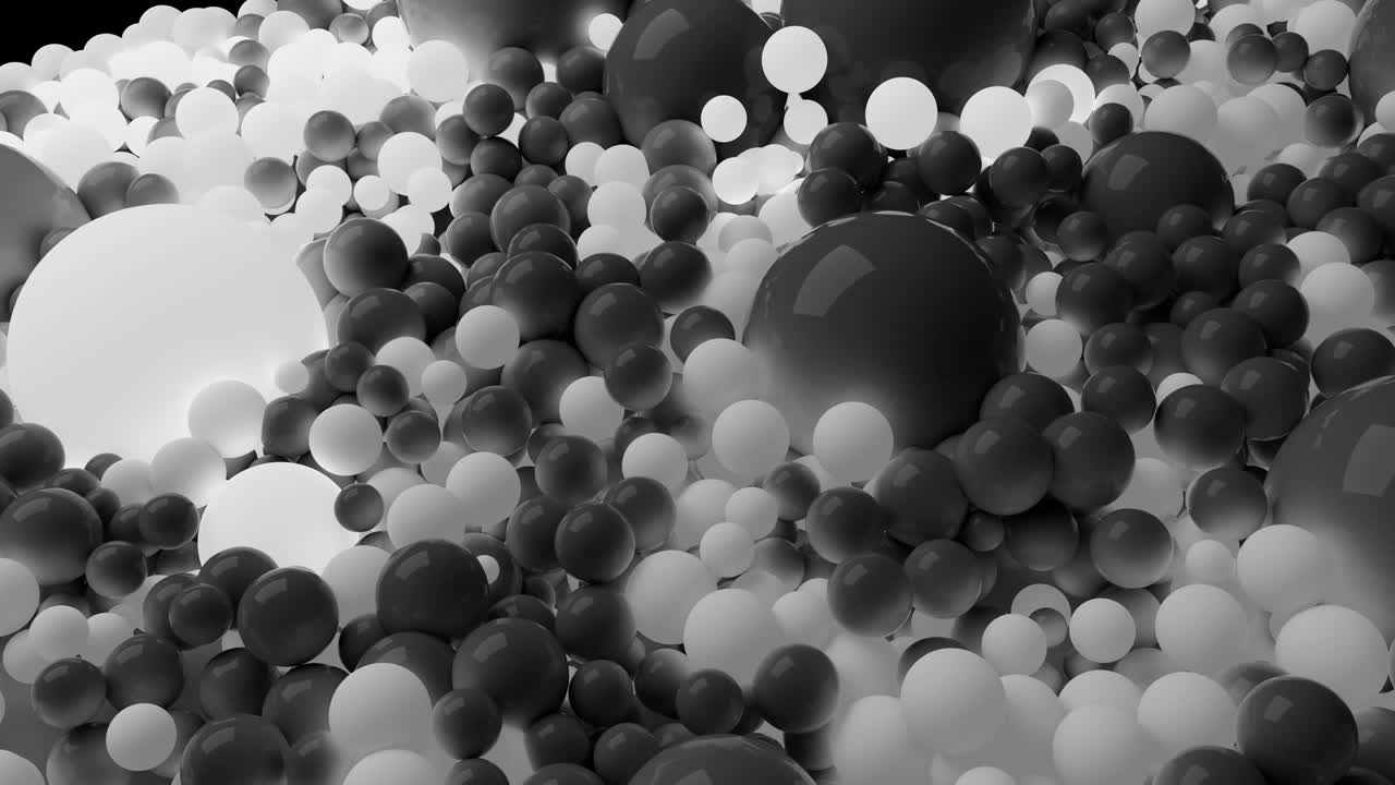 4k 3D seamless loop animation of beautiful gray and white small and large spheres or balls cover plane as abstract geometric background. Some spheres glow. 5