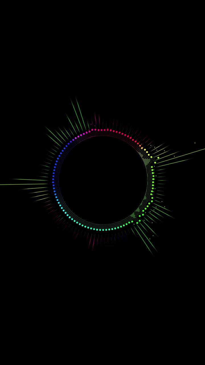 Colorful audio visualizer ring with rainbow dots radial sound bars black empty center and neon music