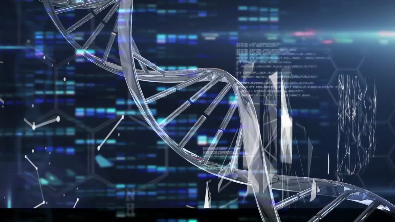 Animation of dna strand, data processing and light trails over moving columns on black background