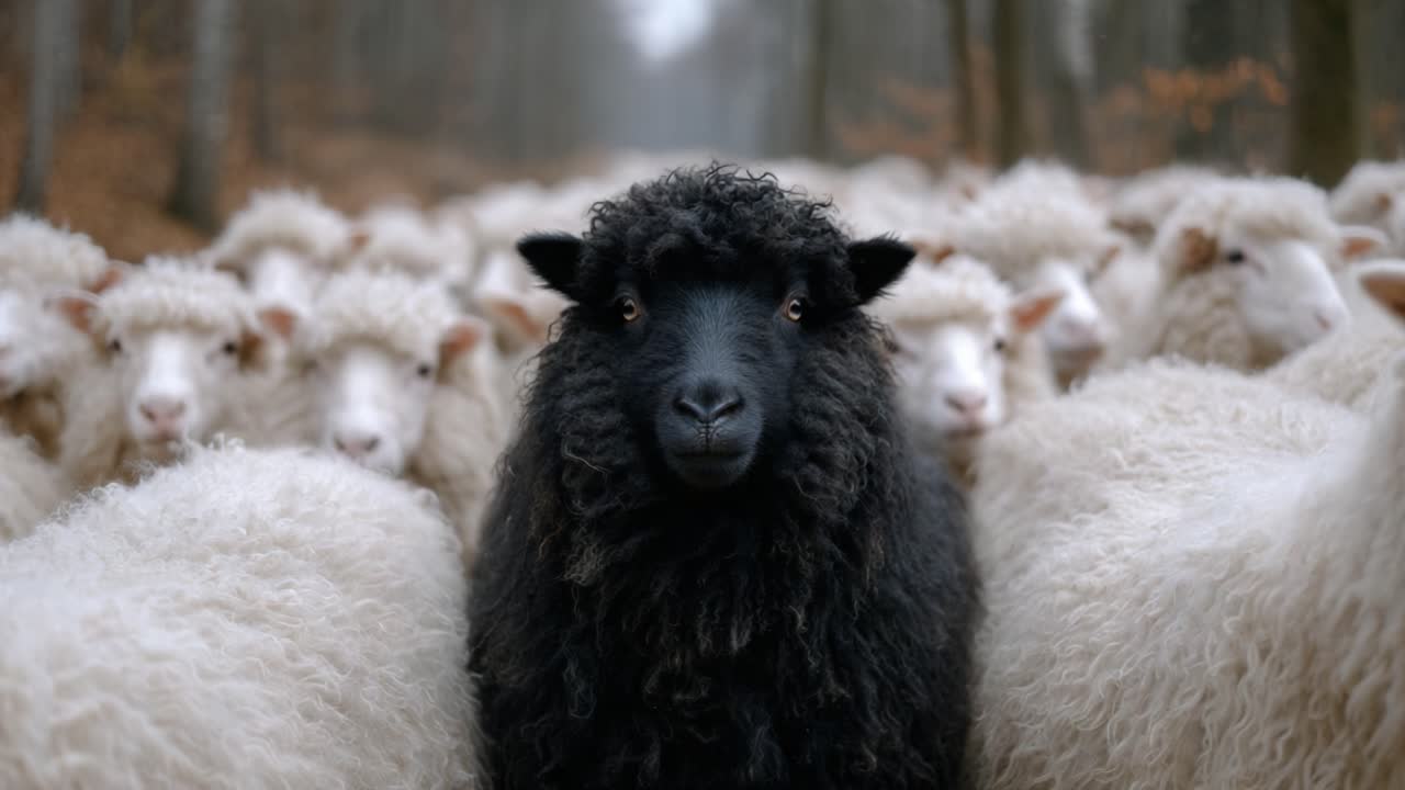 Amidst a Sea of White, a Unique Black Sheep Stands Out, Capturing the Essence of Individuality and Contrast in a Tranquil Forest Environment