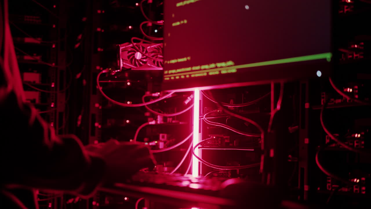 Close up of a man punching the keypad on a computer in a server room with flashing red lights