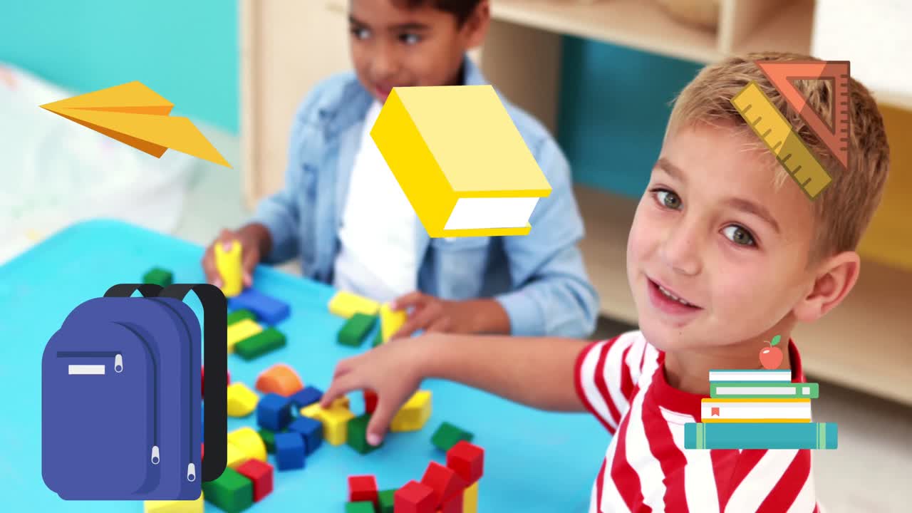 animación de suministros escolares que caen sobre diversos escolares en la clase en la escuela