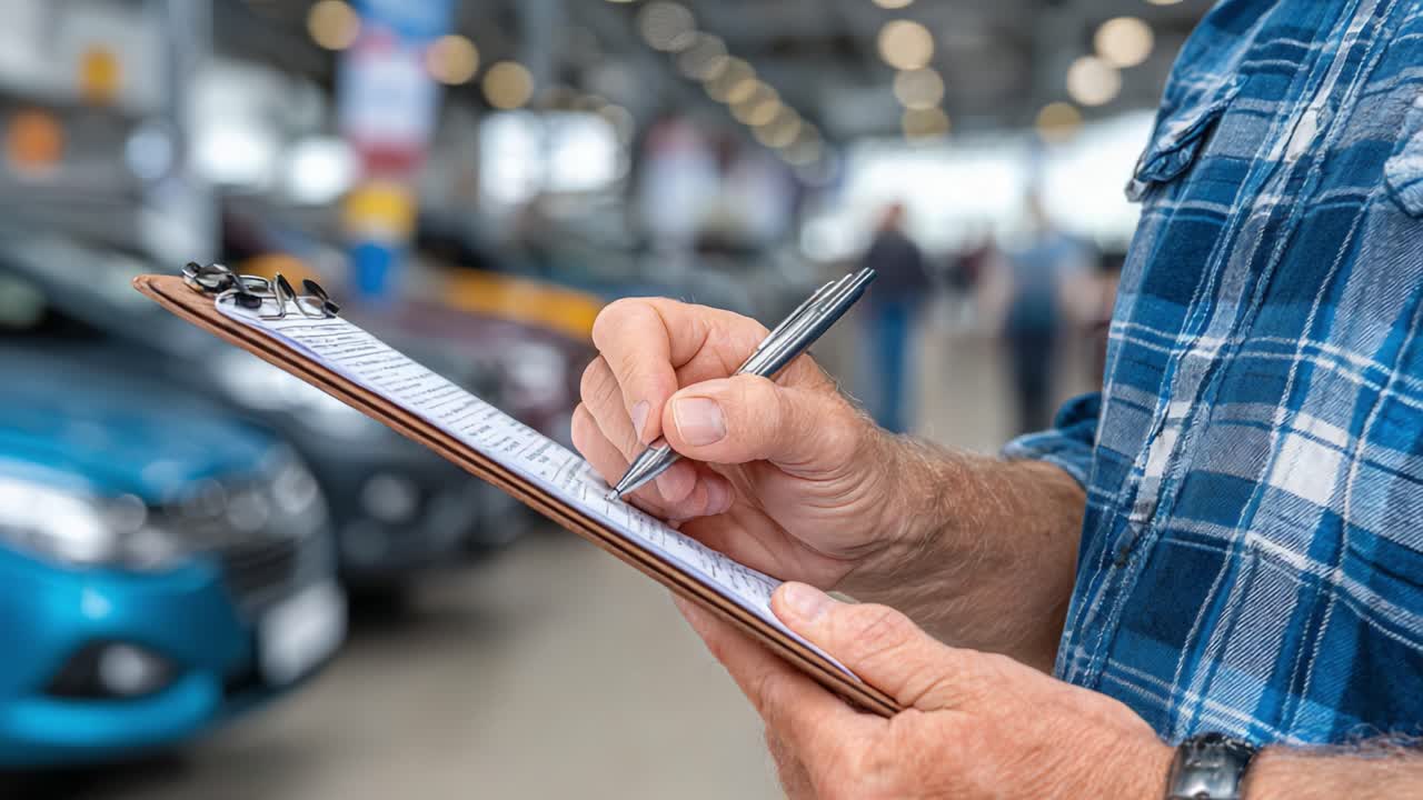 An individual meticulously checking and recording vehicle details on a clipboard in an automotive environment, capturing a moment of thorough assessment and evaluation