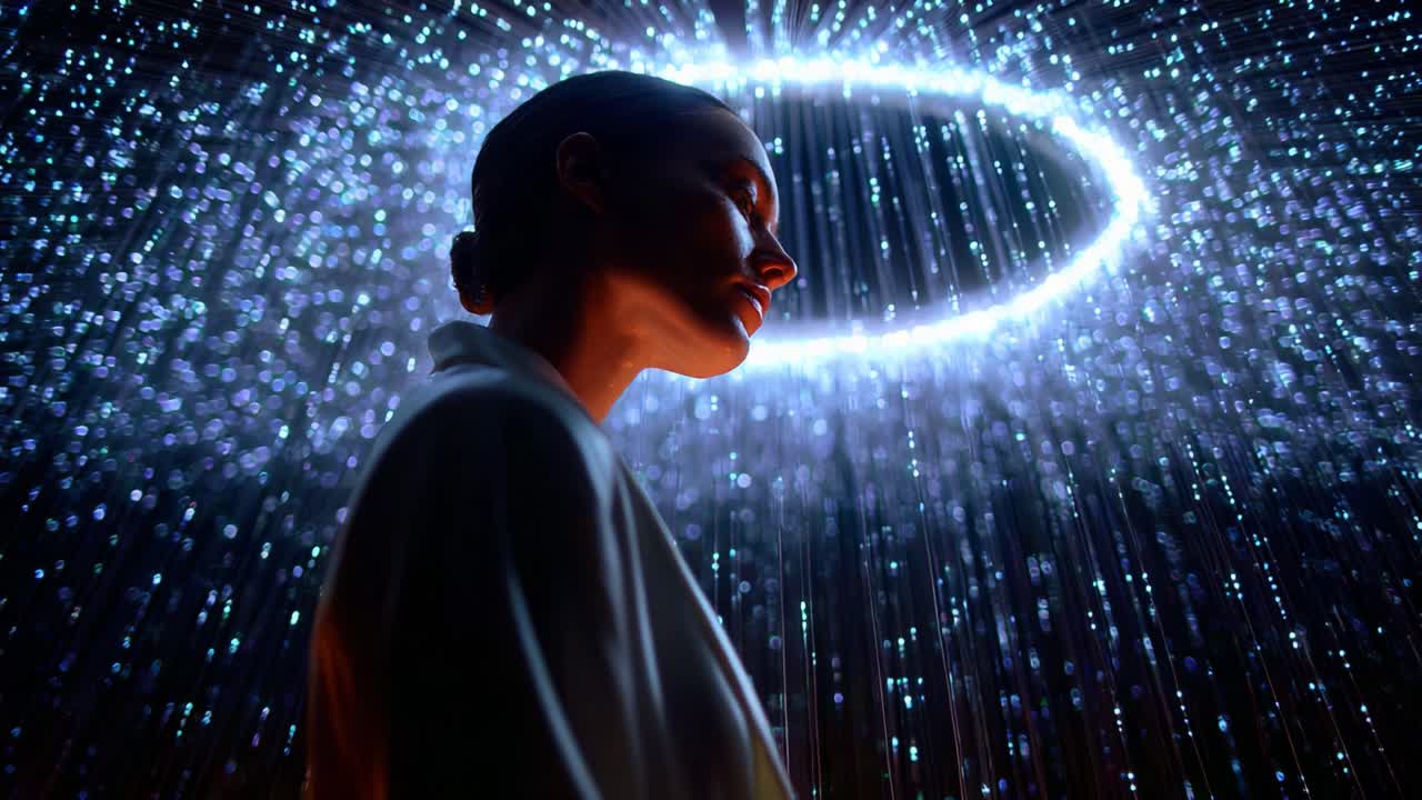 A mesmerizing visual of a woman standing under a radiant halo of light, surrounded by a cascade of shimmering water droplets that create an ethereal atmosphere, evoking feelings of serenity and reflection