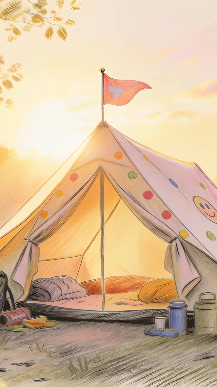Video verticale: Tenda a pois riscaldata, sole che sorge su una radura erbosa, bandiera che sventola, zaino visibile.
