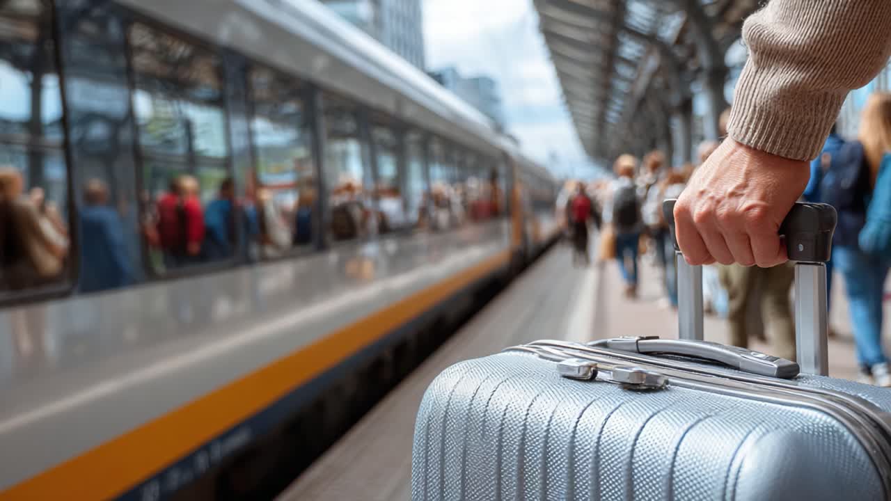 A traveler prepares for departure at a bustling train station, gripping a sleek suitcase while awaiting their journey amidst a crowd of commuters