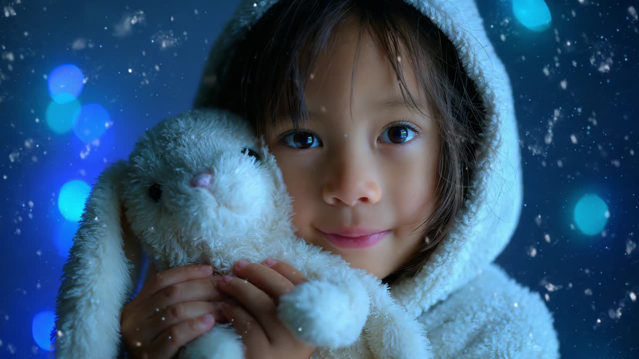 A Heartwarming Scene of a Young Child Holding a Soft Bunny Toy in a Cozy, Snowy Atmosphere with Dazzling Blue Bokeh Lights Creating a Magical and Endearing Ambience Around Them