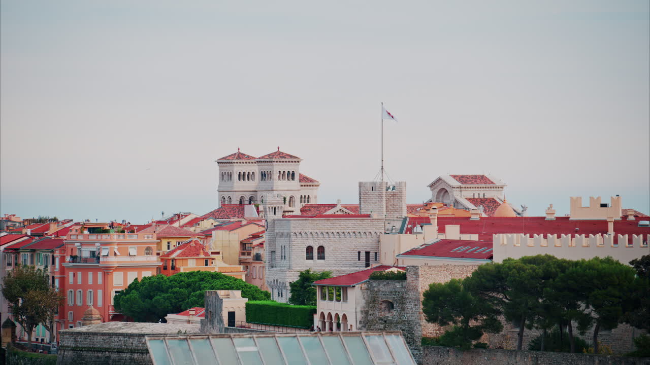 Distant aerial view of the Prince's Palace in the skyline of Monaco