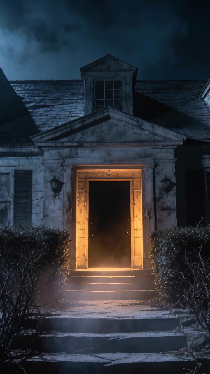 Video vertical: Puerta abierta resplandeciente derramando una cálida luz ámbar sobre escalones de piedra, la niebla se espesa