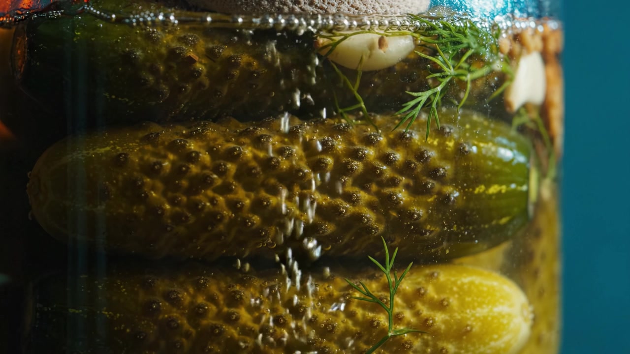 Gros plan vibrant de cornichons en bocal, présentant des concombres frais avec de l'ail et des herbes infusés dans une délicieuse saumure pour une expérience gustative savoureuse.