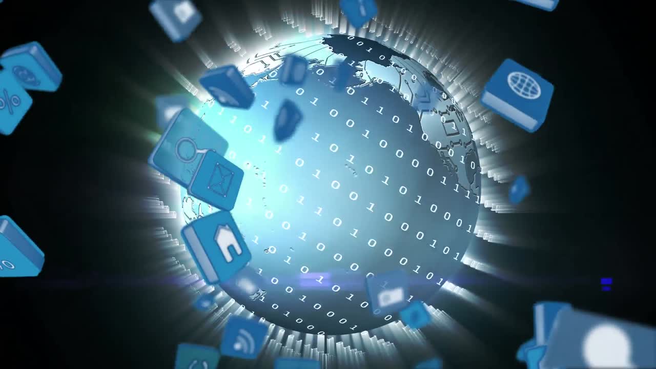 Online and application icons in squares and a globe