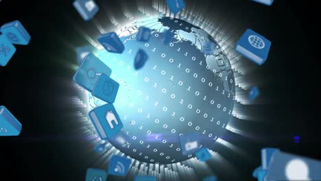 online and application icons in squares and a globe