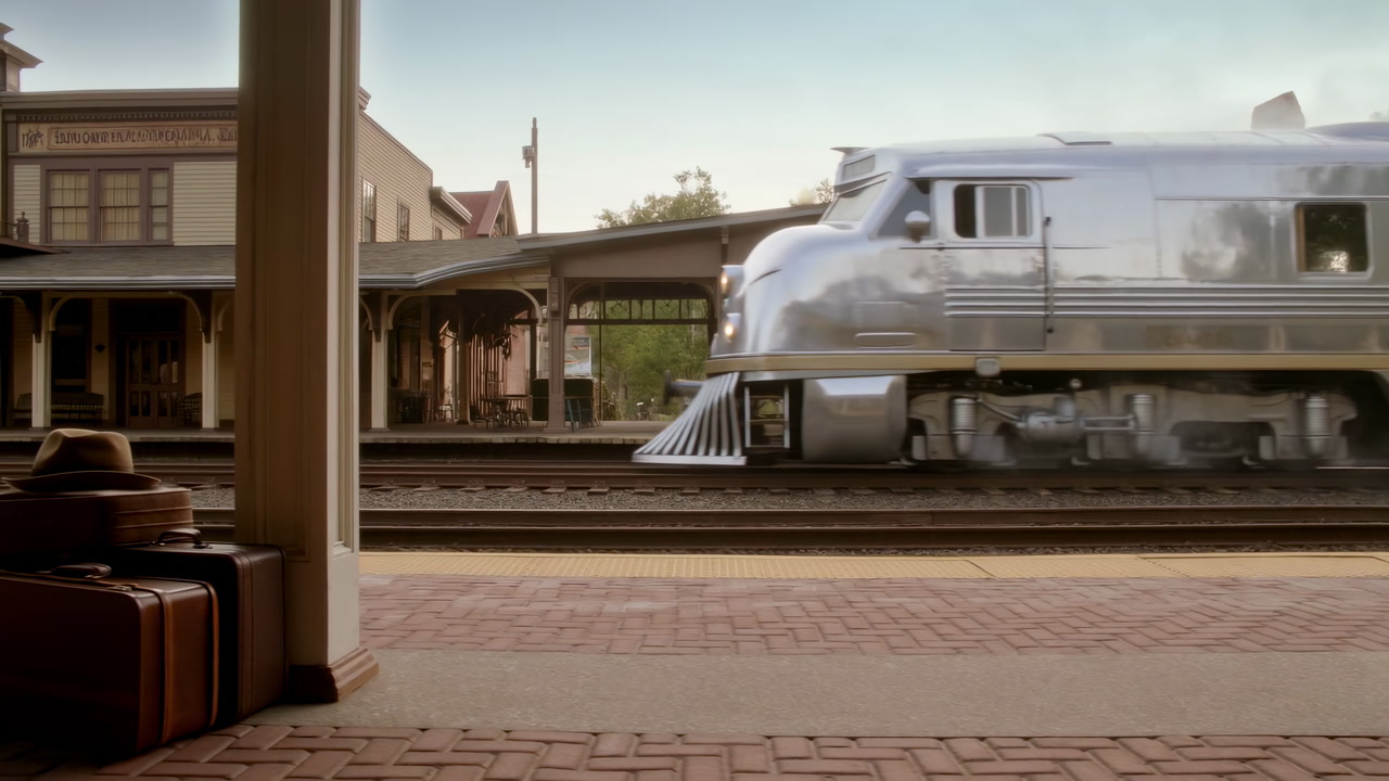 Silver Train Gliding Past Empty Platform, Vintage Smalltown Station With Brick Paving And Wooden Columns,