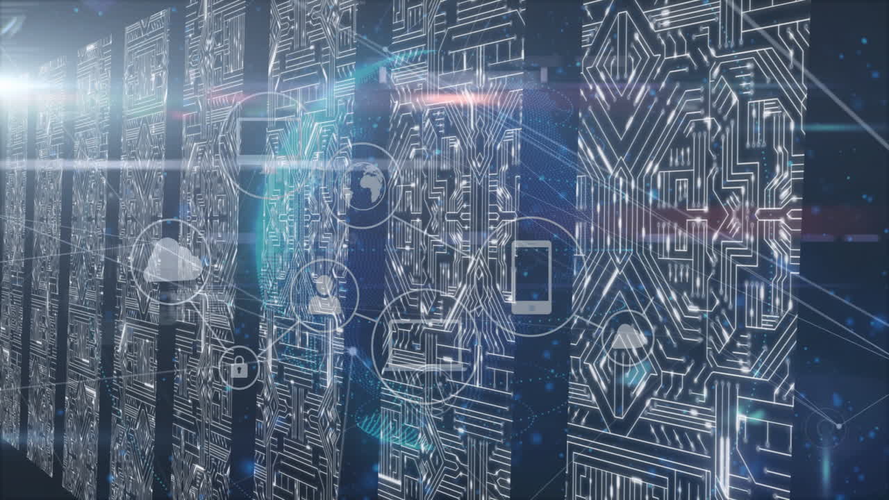 Animation of digital circuit board with cloud and globe icons for global connectivity