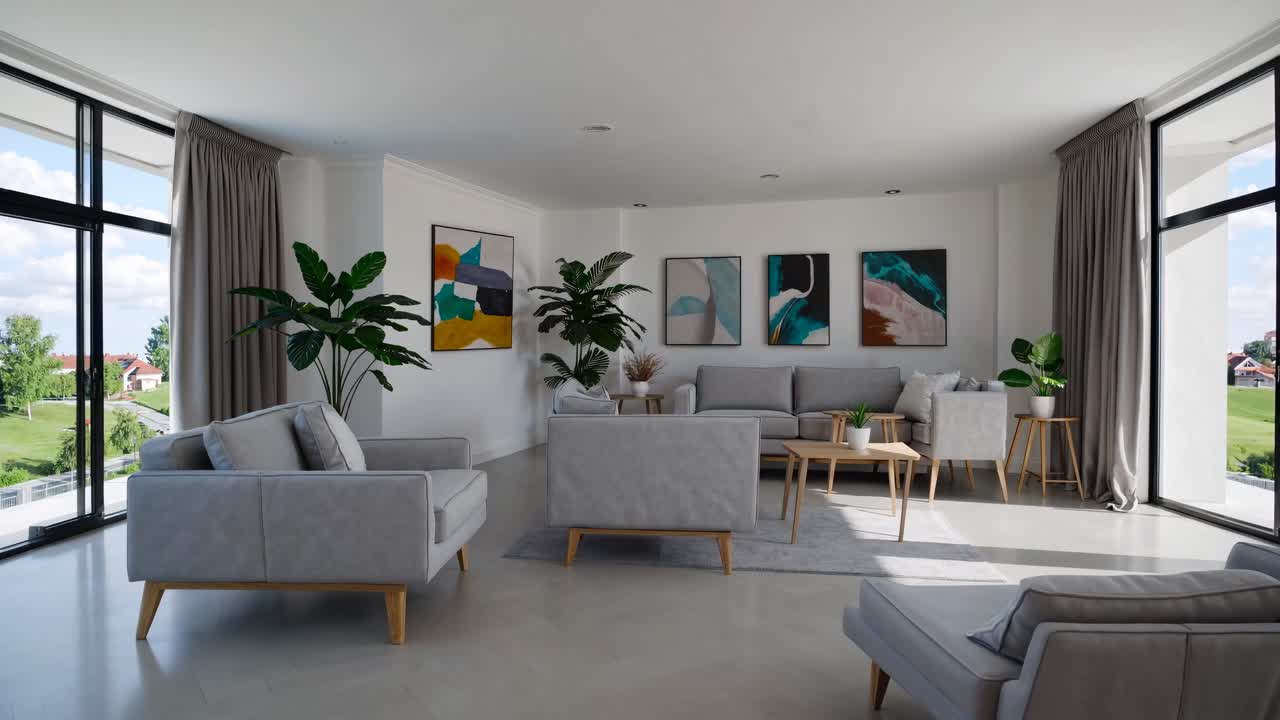 Wide-angle video of a modern living room with minimalist decor, large windows, abstract art