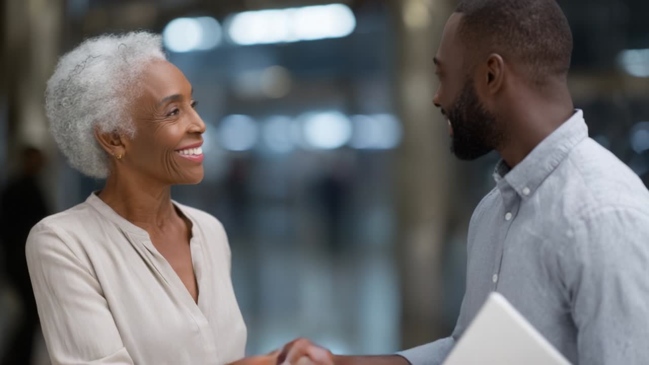A warm and uplifting moment captures the essence of connection as two individuals engage in a sincere handshake, symbolizing respect, trust, and the start of a new relationship in a professional setting