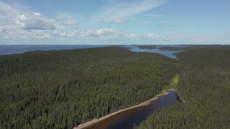 Aerial-shot-moving-back-over-a-creek-on-a-summer-day