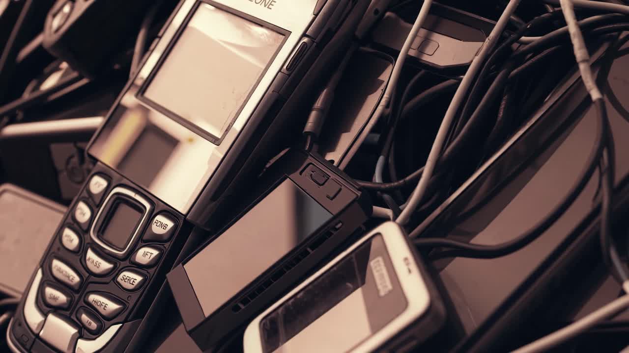 Vista aerea di un mucchio di vecchi telefoni cellulari e cavi aggrovigliati, che cattura un'atmosfera tecnologica vintage