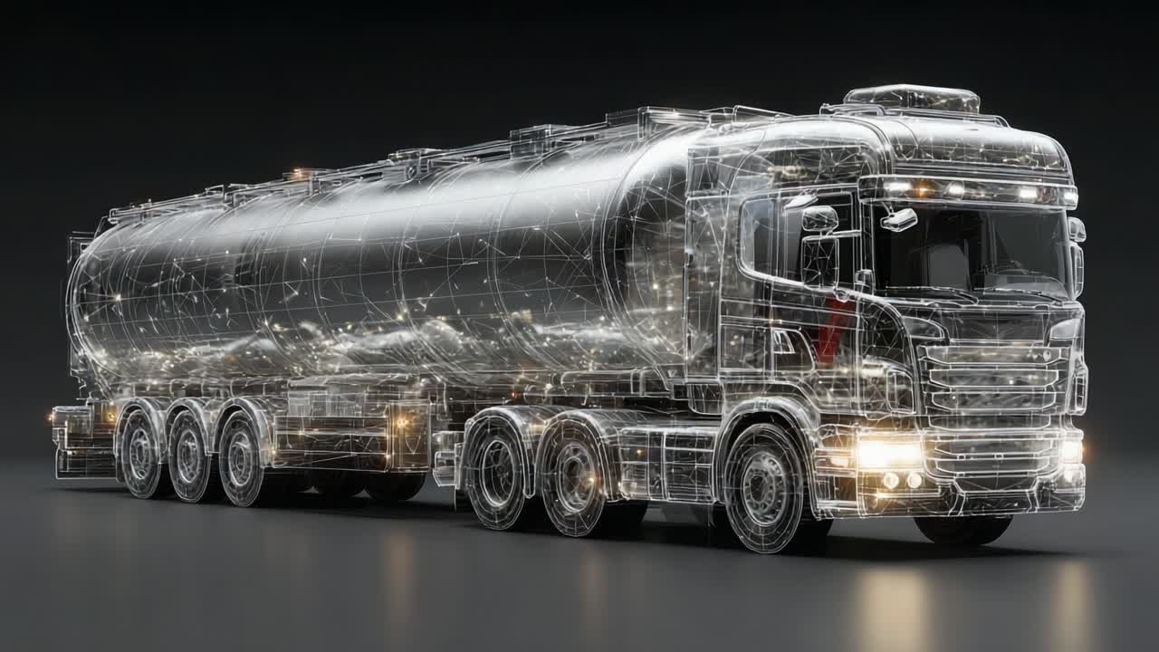 A Futuristic Representation of a Tanker Truck, Showcasing Its Intricate Design and Technological Features Through a Transparent Wireframe Visualization