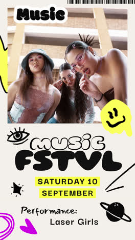 promotional poster for a music festival called fstvl featuring three young women and a performance by laser girls