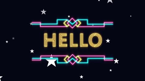 animation of hello text over stars on black background