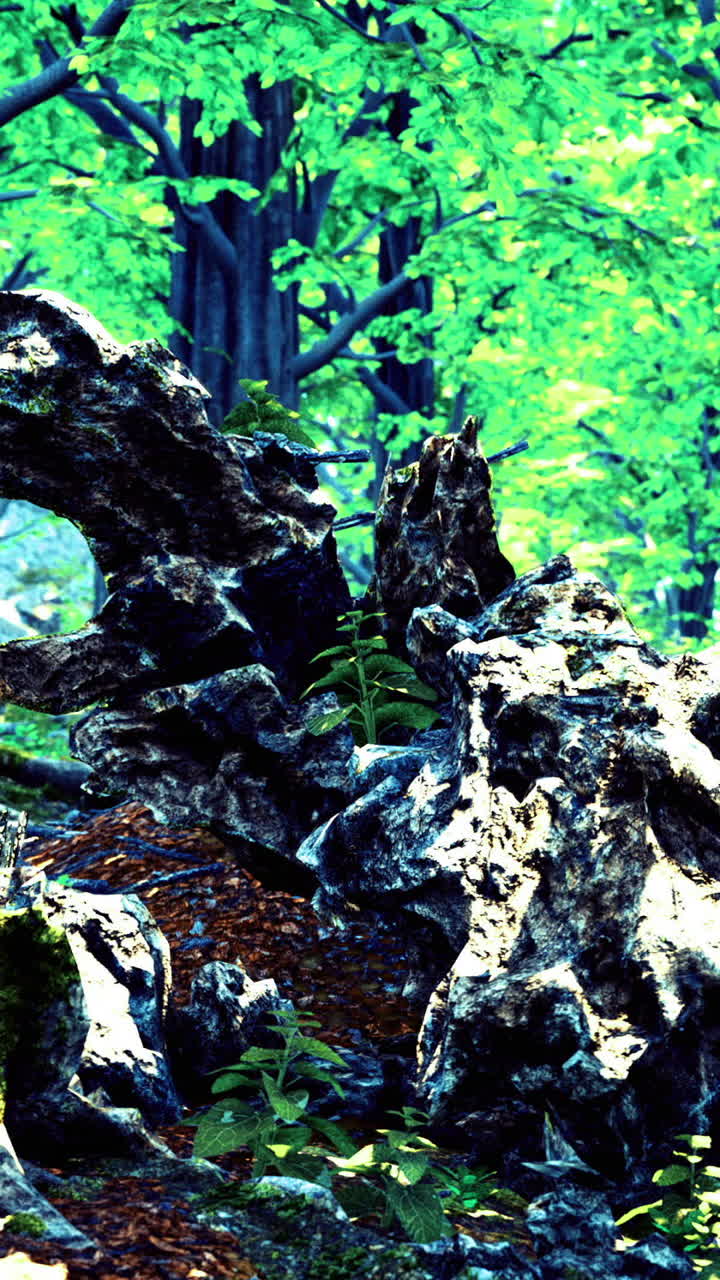 Ancient trees and rocks reveal natures artistry in a grove