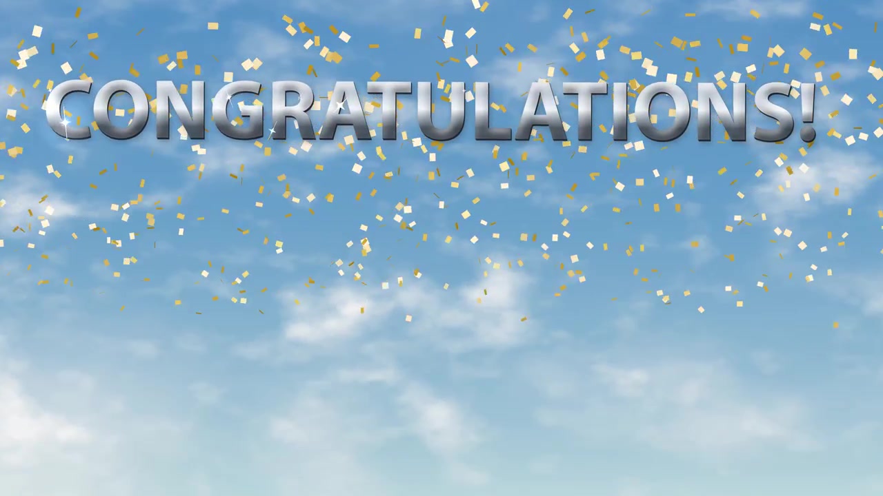 Gold Confetti Falling Against a Blue Sky Background with Congratulations Text