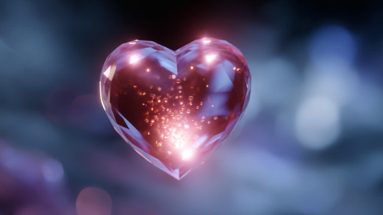 Una gemma scintillante mozzafiato a forma di cuore che brilla di luce interiore su uno sfondo blu tenue, enfatizzando l'amore e la bellezza in un'atmosfera da sogno