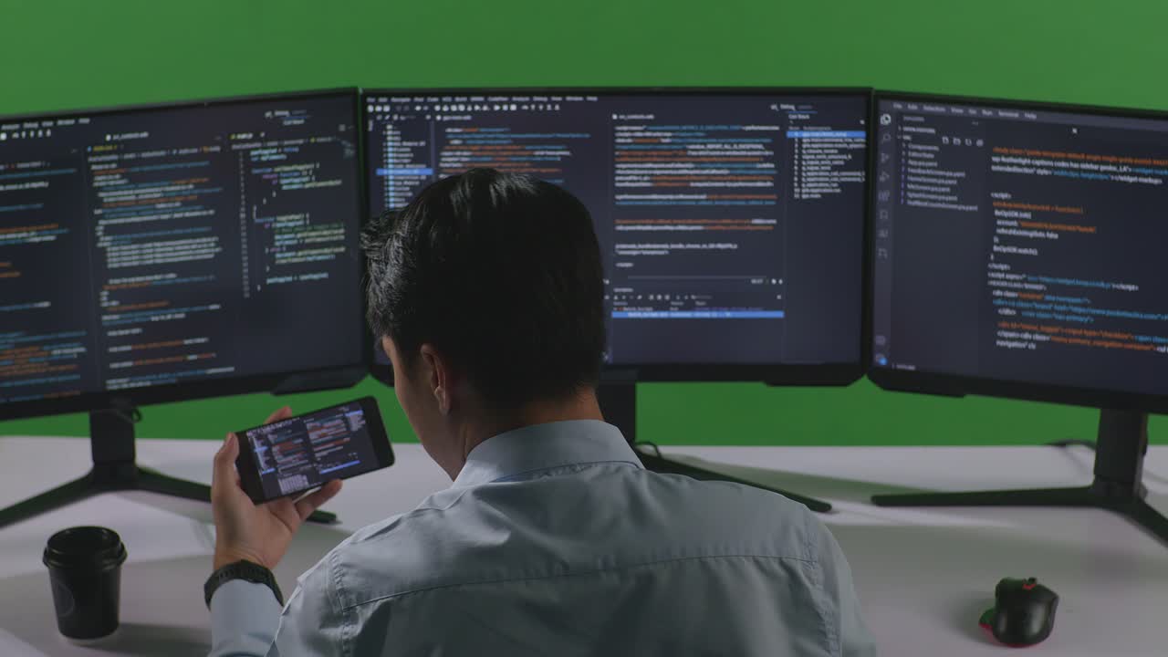 Back View Of Asian Man Developer Working With Mobile Phone While Write Code With Multiple Computer Screens In Green Screen Studio