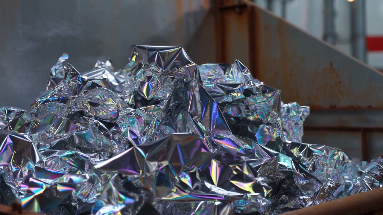Foglio metallico iridescente frantumato in fase di lavorazione in un contenitore industriale durante la metà