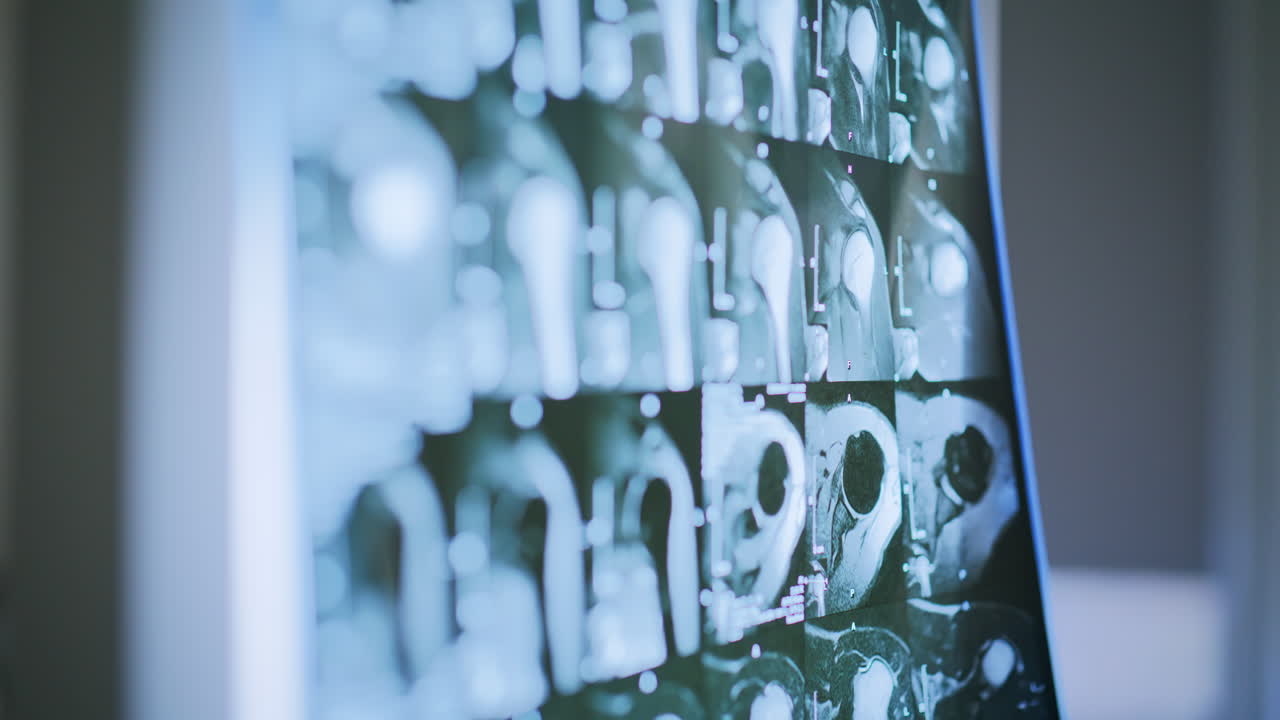 Detailed x-ray display showing human skeletal structure in clinic closeup view