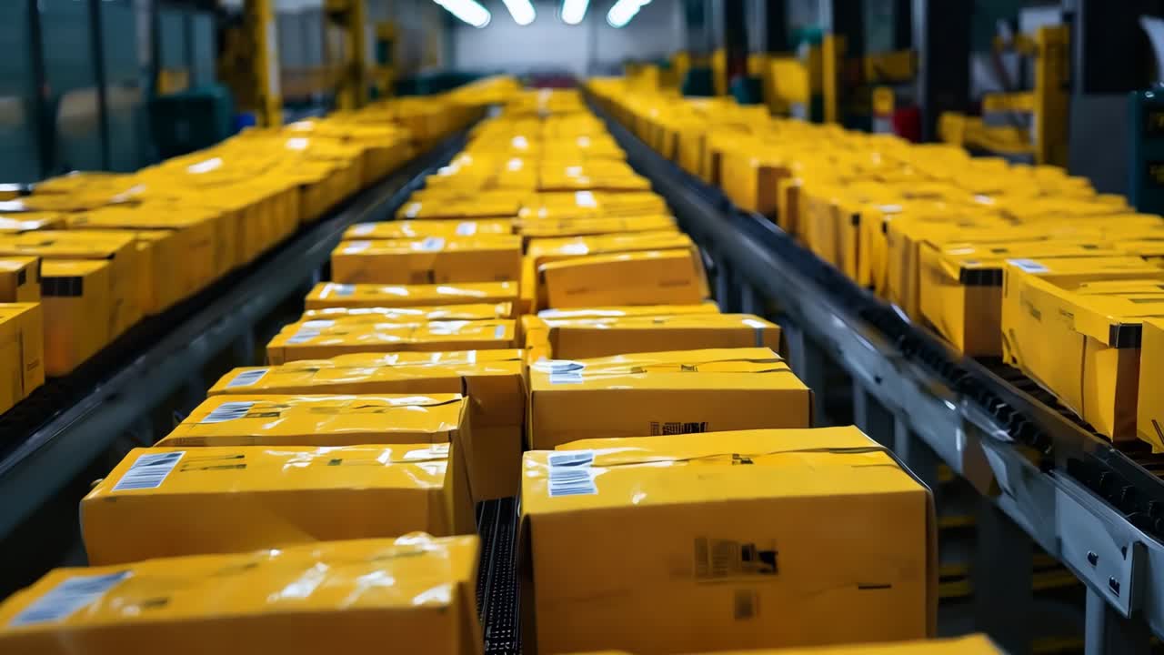 una cinta transportadora llena de cajas amarillas en unas cintas transportadoras