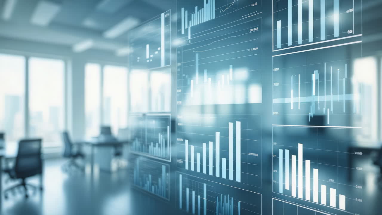 Business Data Analytics and Charts on Transparent Digital Screens in a Modern Office