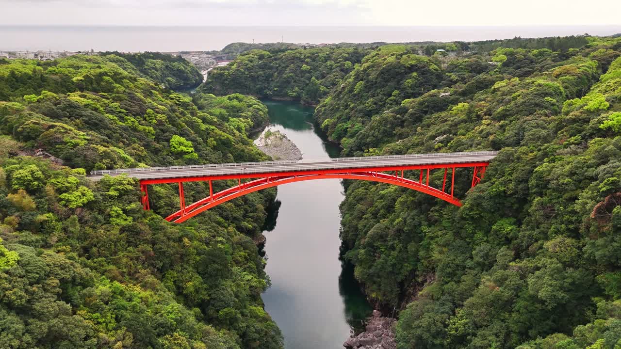 Red Bridge Over River in Lush Green Canyon