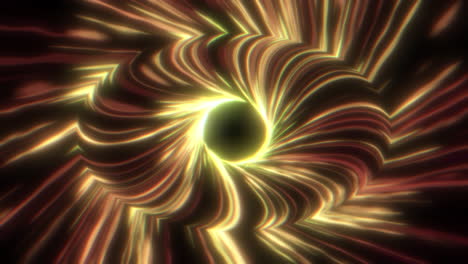 red and yellow abstract ai eye with flowing information technology glowing cyber lines with warped iris. artificial intelligence internet communication fibre optics concept animation.