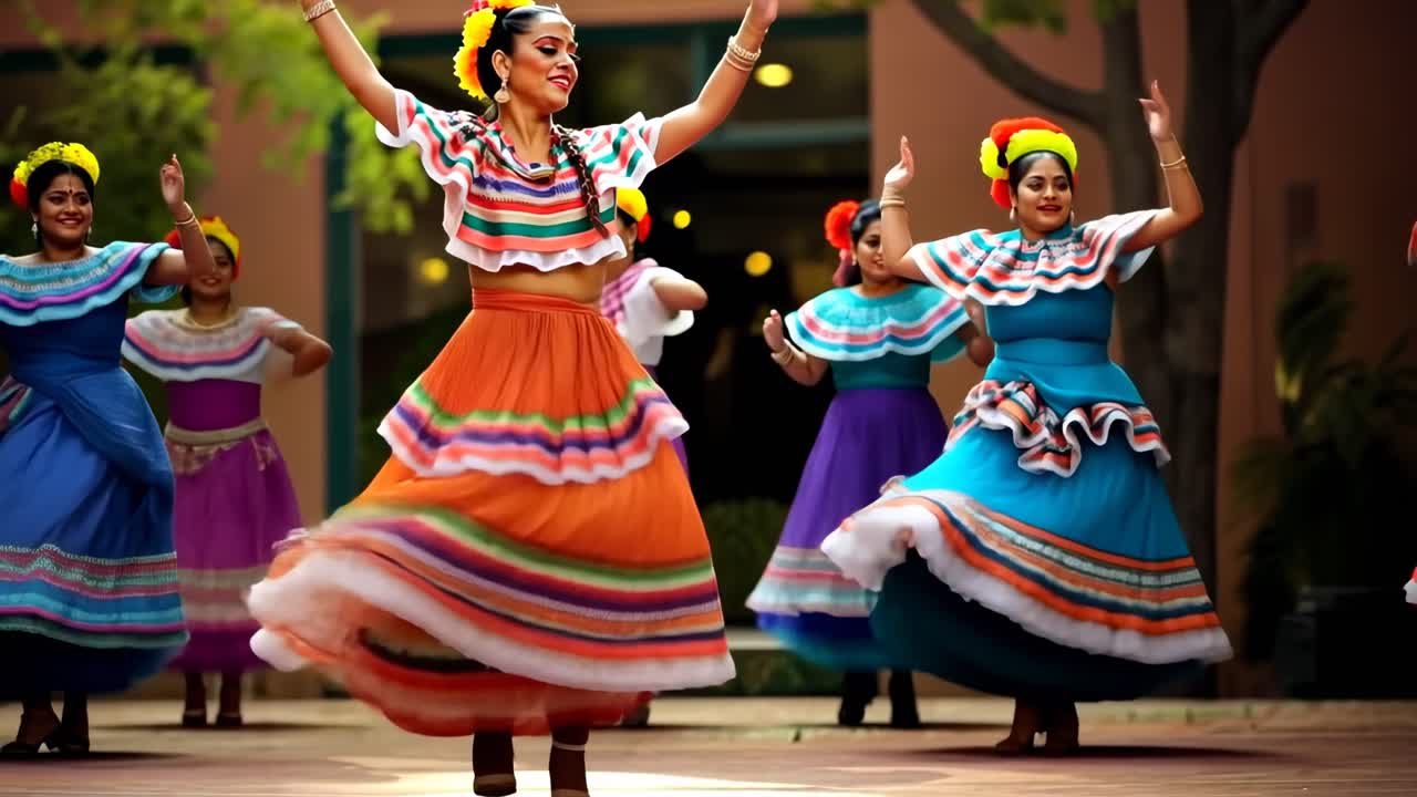 Vibrant video of women in colorful traditional dresses dancing in a lively outdoor setting