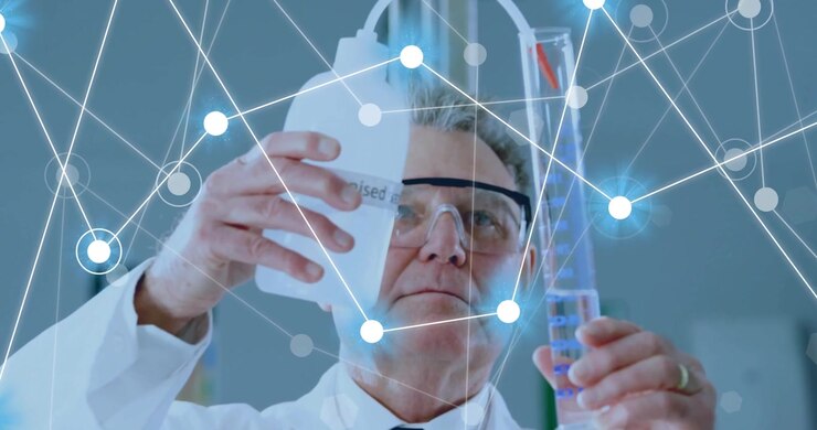 Animation of network of connections over caucasian male scientist