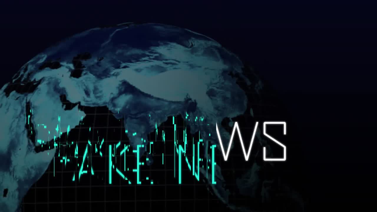 animación de palabras noticias falsas escritas con globo en el fondo