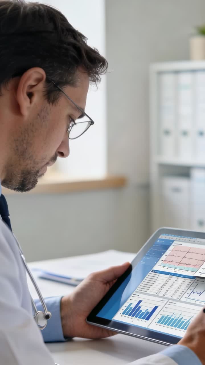 Video verticale: Toccando un tablet, medico in camice che esamina una radiografia del torace in ufficio, diagnosticando