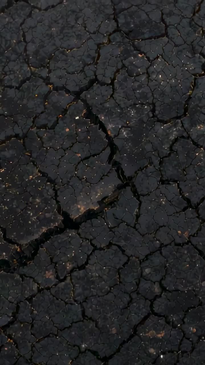 Video verticale: cambio di inquadratura ravvicinata che rivela terreno screpolato, mostrando la texture, le fessure profonde e le macchie