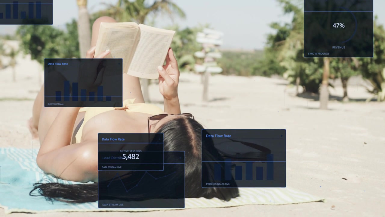 Woman reading book on towel on beach, live data panels appearing, covering her, showing analytics