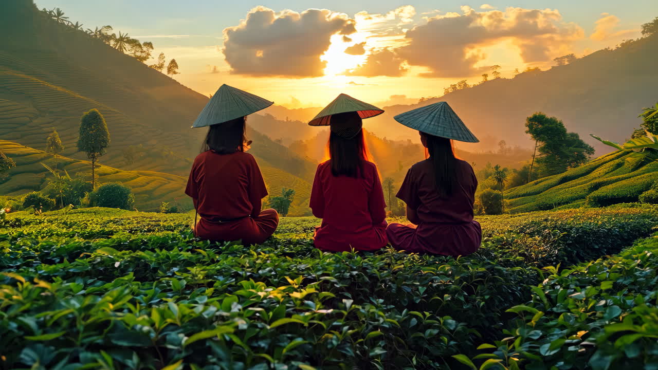 Sunset Meditation by the Rice Terraces in Bali With Traditional Hats. Three individuals in traditional hats enjoy a peaceful sunset among lush rice terraces in Bali