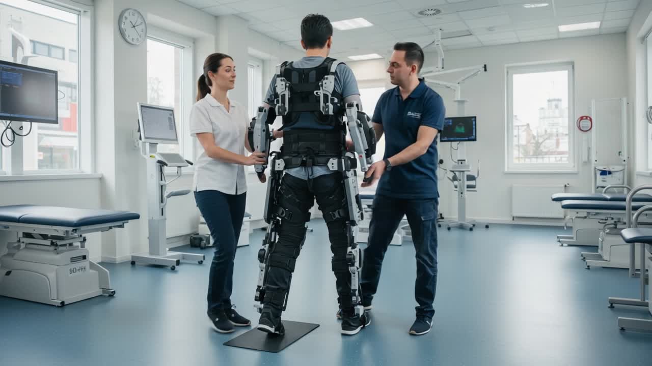 Innovative Rehabilitation Technology: Demonstration of an Exoskeleton Suit in a Physiotherapy Setting, Showcasing Assistance for Patient Mobility and Support by Therapists