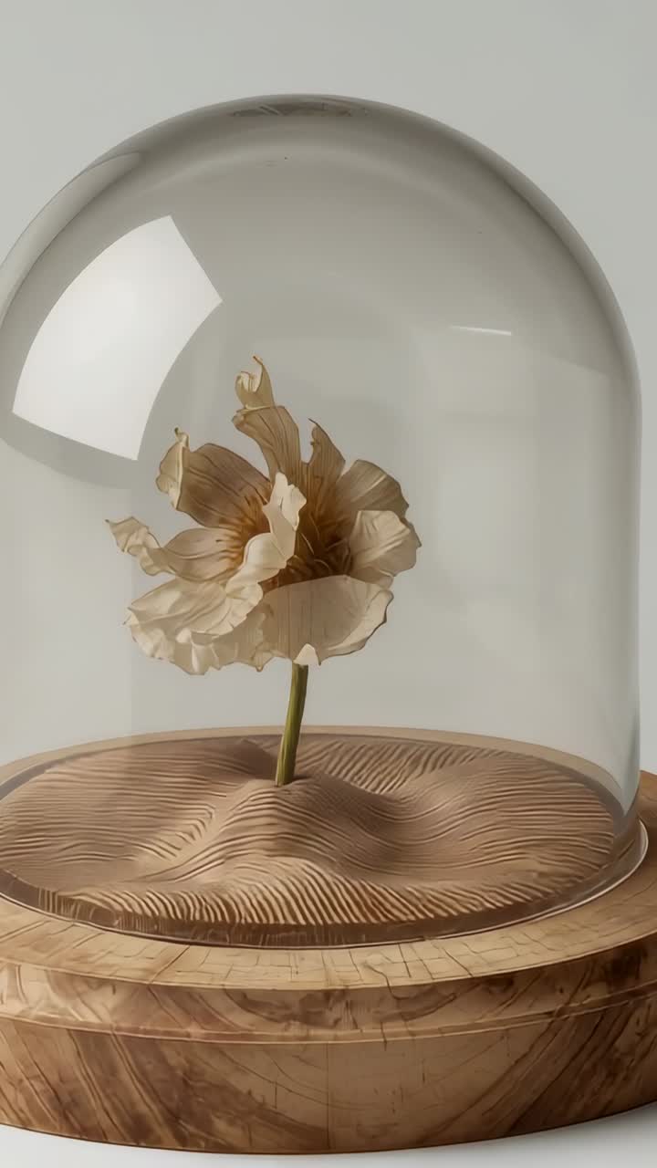 Vertical video: Starting camera sweeping around flower under dome in studio, revealing sand ripples