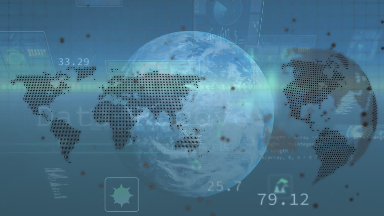 파란색 배경에 회전하는 지구와 세계 지도 위의 데이터 처리의 애니메이션