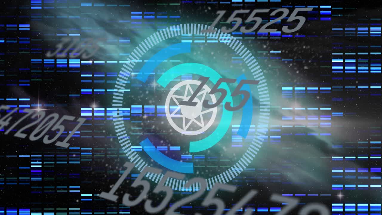 múltiples números cambiantes sobre escáner redondo contra cuadrados de mosaico en fondo negro