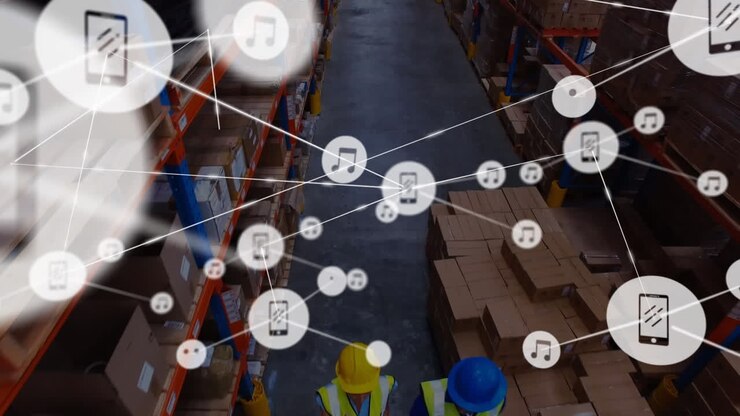Animazione di una rete di connessioni su diversi lavoratori in un magazzino
